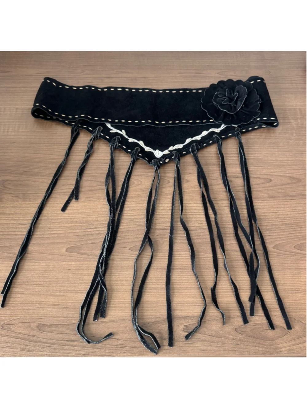 Bebe Black Suede Fringe Belt Embroidered Western Boho Floral Accent OS